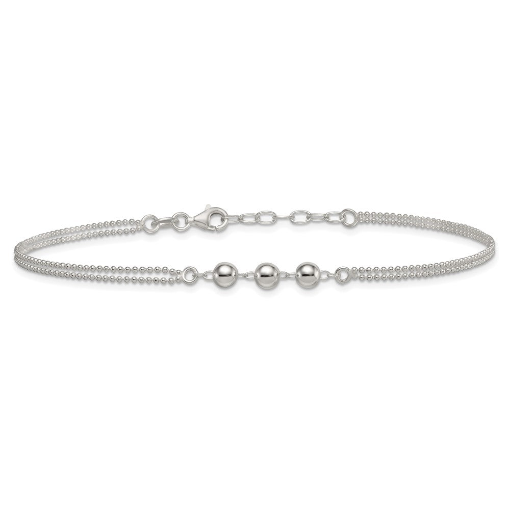 Sterling Silver Polished Beaded 2-Strand 9in Plus 1in Ext Anklet