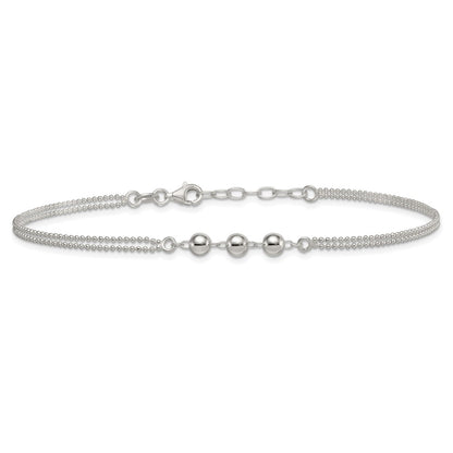 Sterling Silver Polished Beaded 2-Strand 9in Plus 1in Ext Anklet