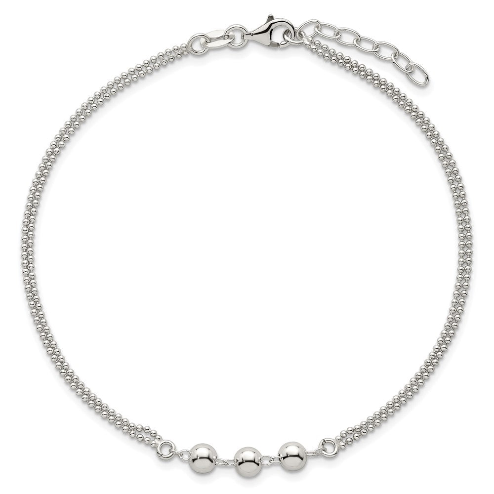 Sterling Silver Polished Beaded 2-Strand 9in Plus 1in Ext Anklet