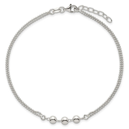 Sterling Silver Polished Beaded 2-Strand 9in Plus 1in Ext Anklet