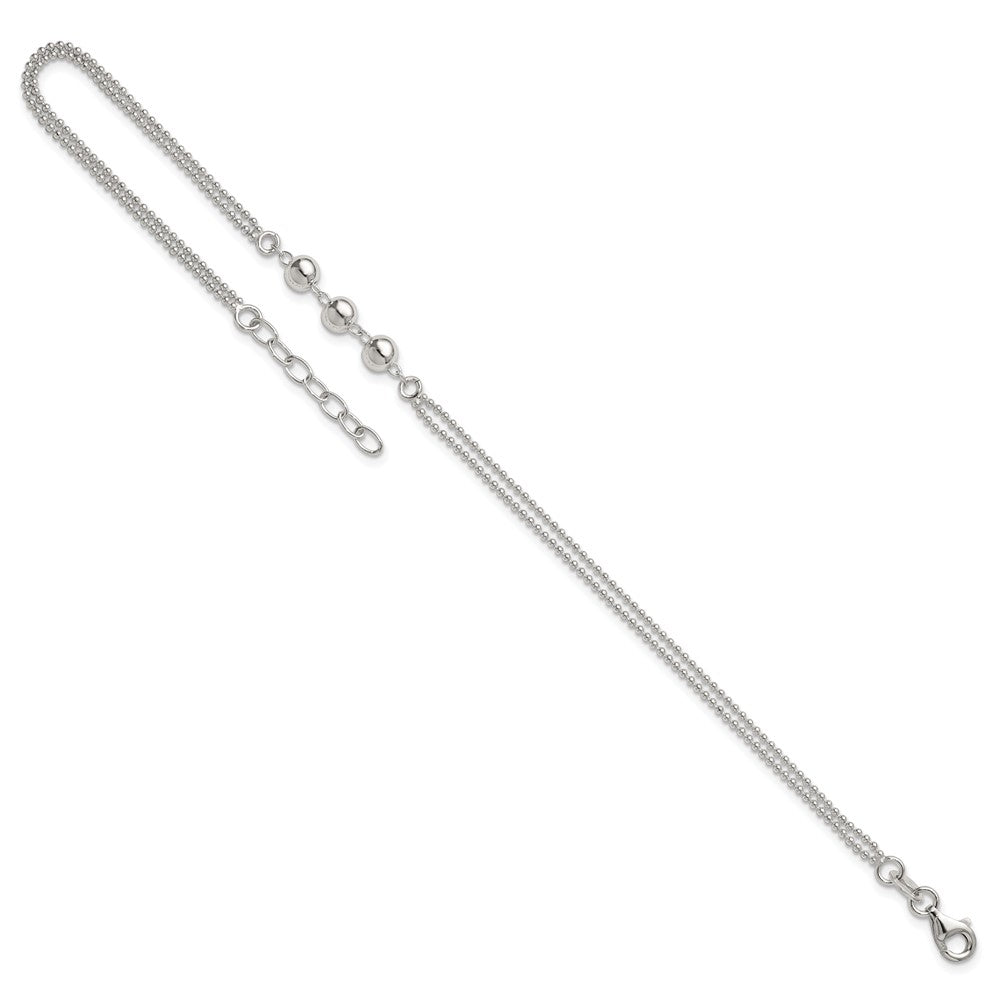 Sterling Silver Polished Beaded 2-Strand 9in Plus 1in Ext Anklet
