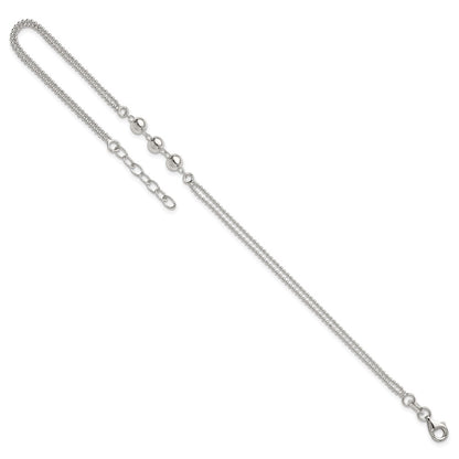 Sterling Silver Polished Beaded 2-Strand 9in Plus 1in Ext Anklet