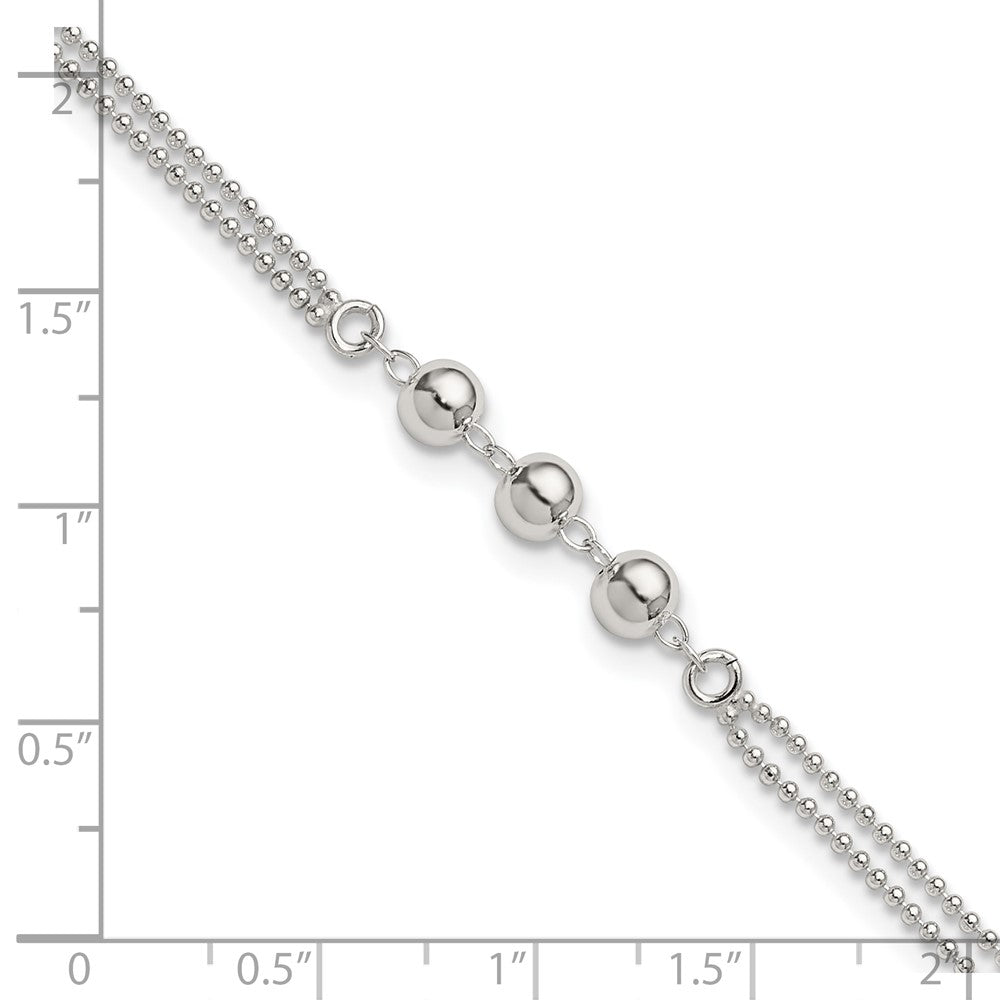 Sterling Silver Polished Beaded 2-Strand 9in Plus 1in Ext Anklet