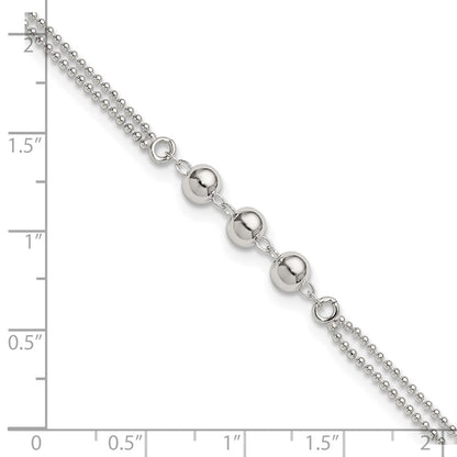 Sterling Silver Polished Beaded 2-Strand 9in Plus 1in Ext Anklet