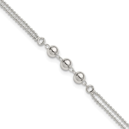 Sterling Silver Polished Beaded 2-Strand 9in Plus 1in Ext Anklet