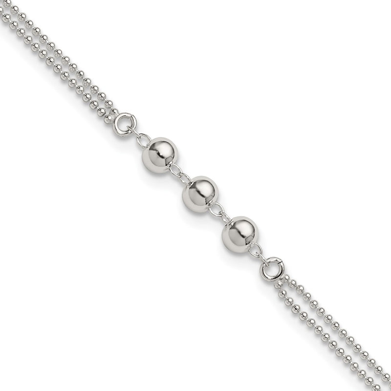 Sterling Silver Polished Beaded 2-Strand 9in Plus 1in Ext Anklet