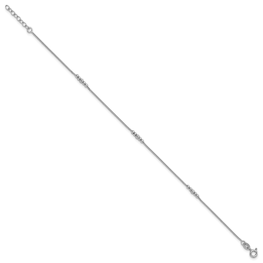 Sterling Silver Rhodium Plated Diamond-Cut Beaded 9in Plus 1in Ext Anklet