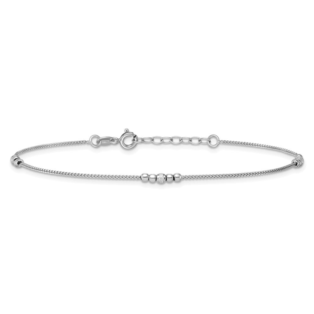 Sterling Silver Rhodium Plated Diamond-Cut Beaded 9in Plus 1in Ext Anklet