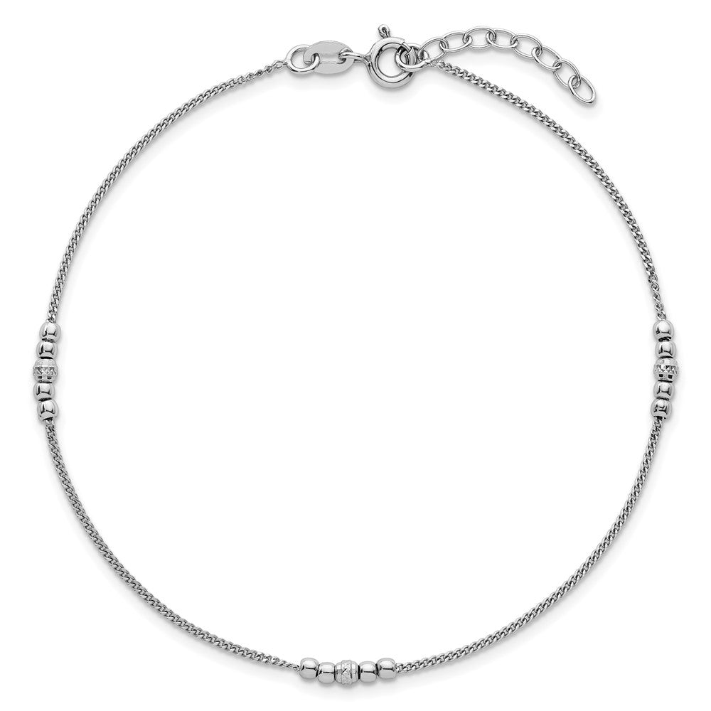 Sterling Silver Rhodium Plated Diamond-Cut Beaded 9in Plus 1in Ext Anklet