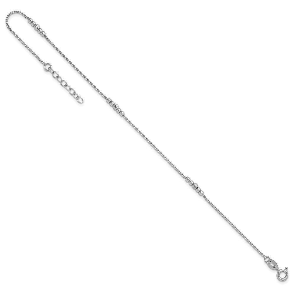 Sterling Silver Rhodium Plated Diamond-Cut Beaded 9in Plus 1in Ext Anklet
