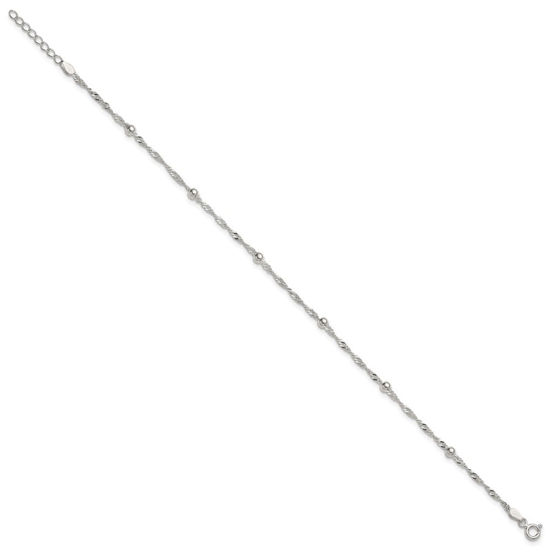 Sterling Silver Polished and Beaded Fancy Link 9in Plus 1in Ext Anklet