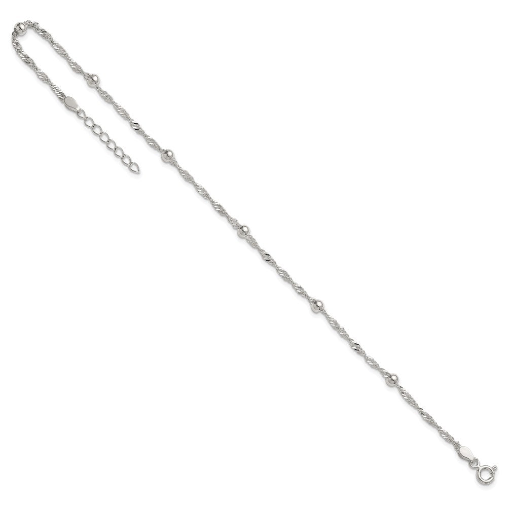 Sterling Silver Polished and Beaded Fancy Link 9in Plus 1in Ext Anklet
