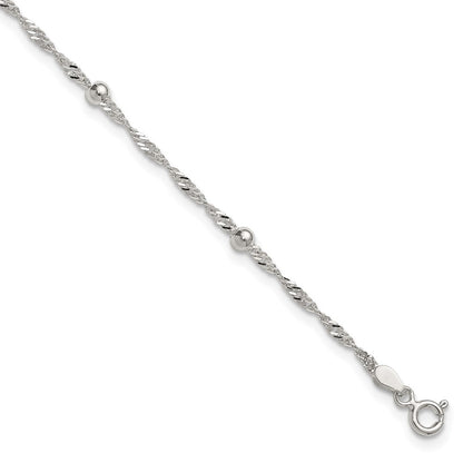 Sterling Silver Polished and Beaded Fancy Link 9in Plus 1in Ext Anklet