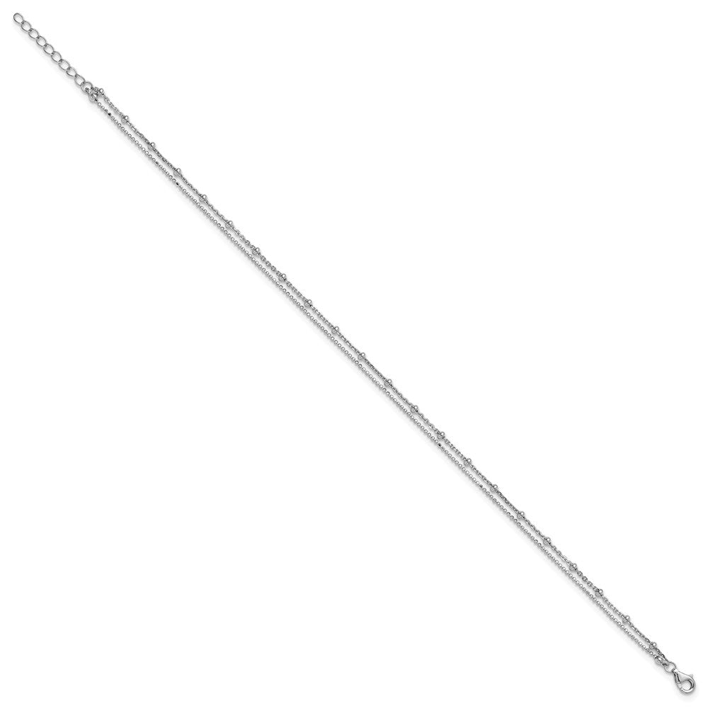 Sterling Silver Rhodium Plated Beaded 2-Strand 9in Plus 1in Ext Anklet