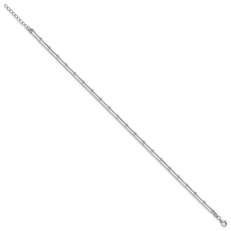 Sterling Silver Rhodium Plated Beaded 2-Strand 9in Plus 1in Ext Anklet