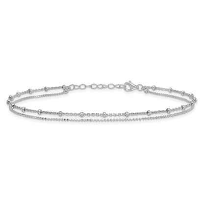 Sterling Silver Rhodium Plated Beaded 2-Strand 9in Plus 1in Ext Anklet