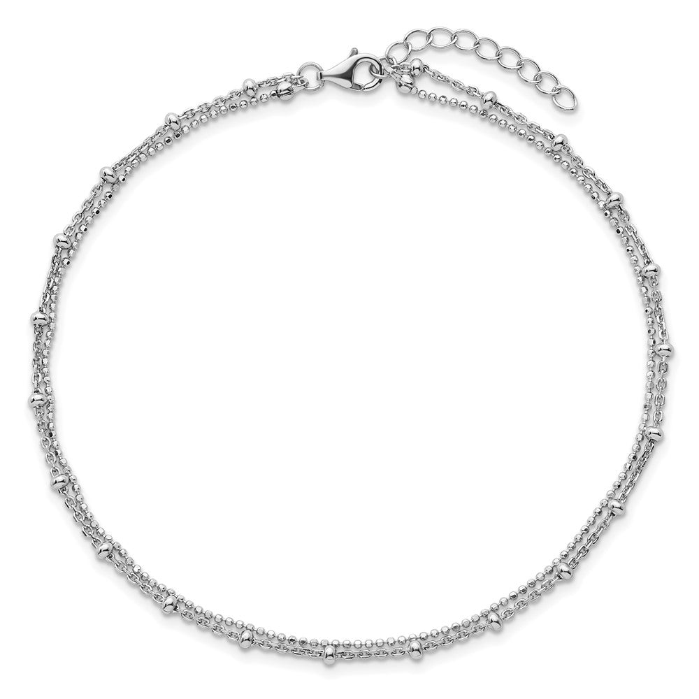Sterling Silver Rhodium Plated Beaded 2-Strand 9in Plus 1in Ext Anklet