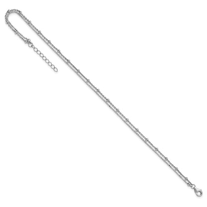 Sterling Silver Rhodium Plated Beaded 2-Strand 9in Plus 1in Ext Anklet