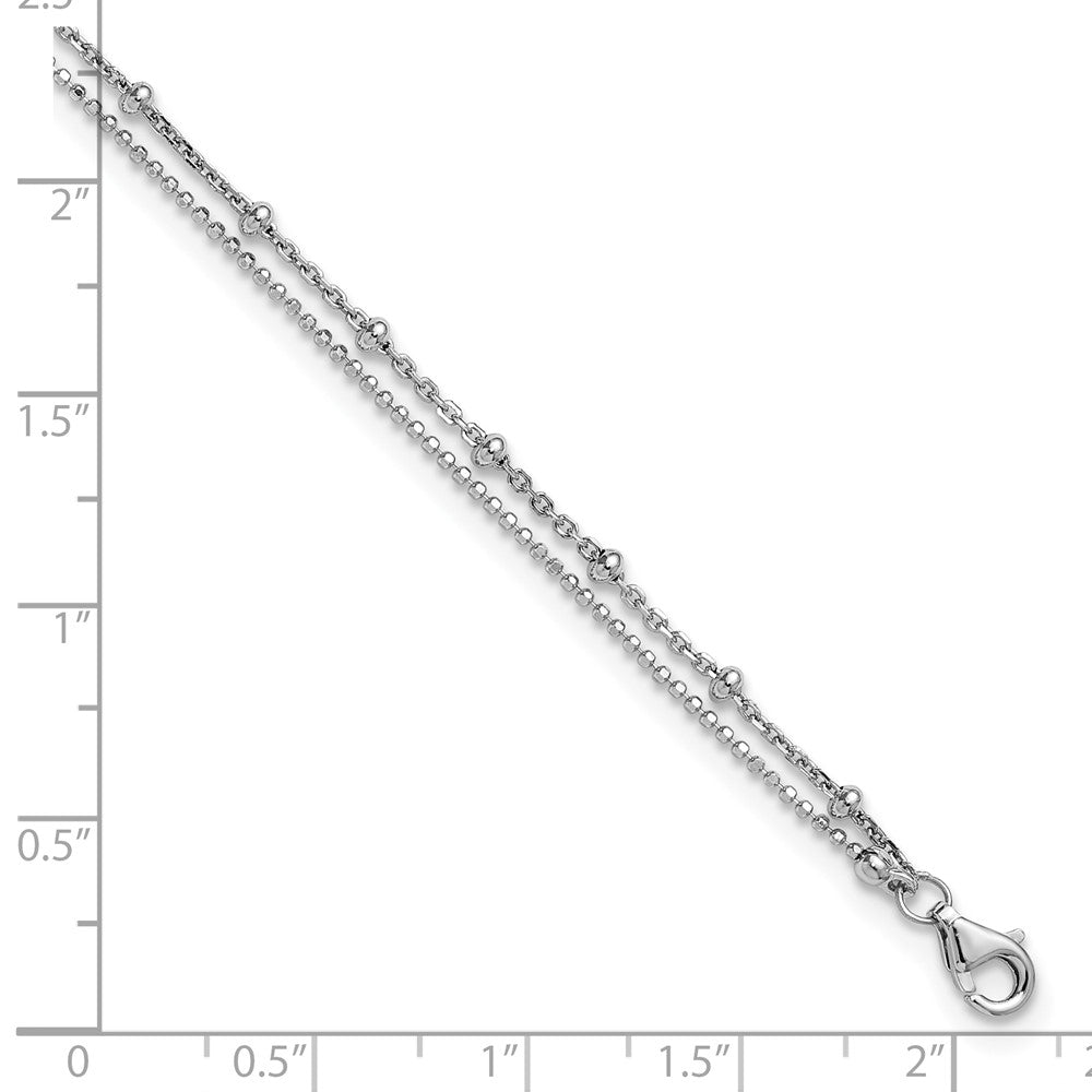 Sterling Silver Rhodium Plated Beaded 2-Strand 9in Plus 1in Ext Anklet