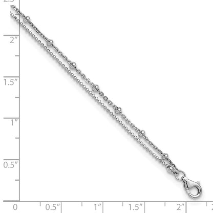 Sterling Silver Rhodium Plated Beaded 2-Strand 9in Plus 1in Ext Anklet