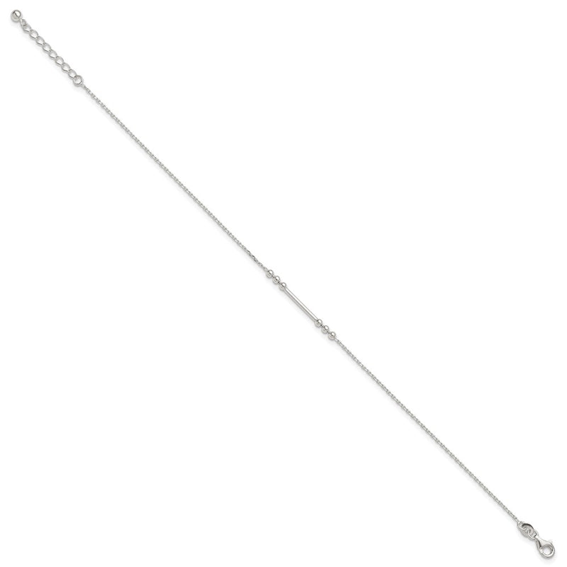 Sterling Silver Polished and Beaded Bar 9in Plus 1in Ext Anklet