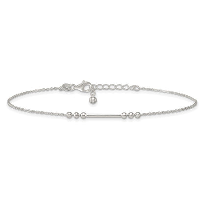Sterling Silver Polished and Beaded Bar 9in Plus 1in Ext Anklet