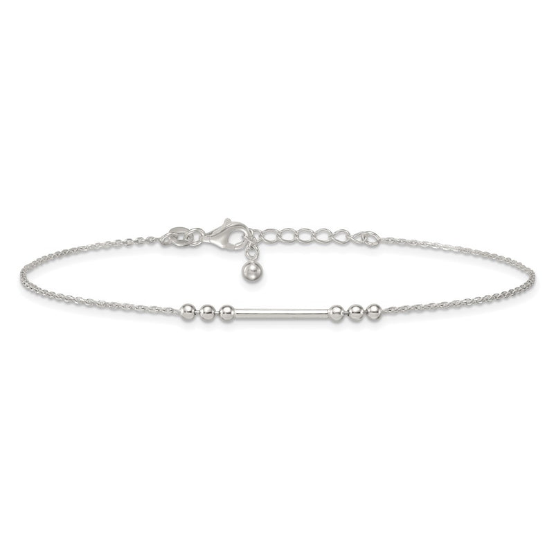 Sterling Silver Polished and Beaded Bar 9in Plus 1in Ext Anklet