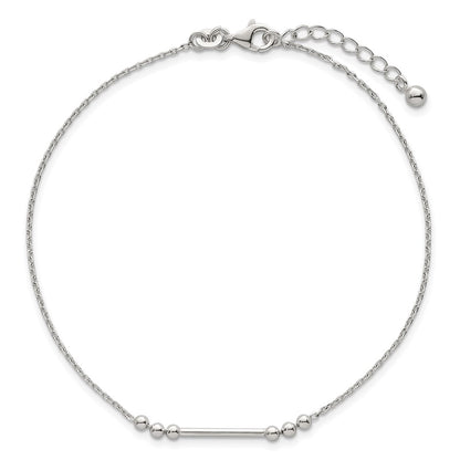 Sterling Silver Polished and Beaded Bar 9in Plus 1in Ext Anklet