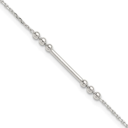 Sterling Silver Polished and Beaded Bar 9in Plus 1in Ext Anklet