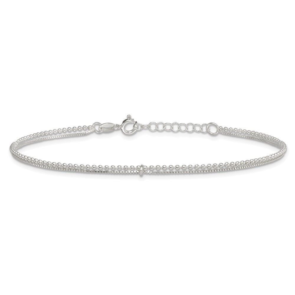 Sterling Silver Polished Beaded 2 Strand 9in Plus 1in Ext Anklet