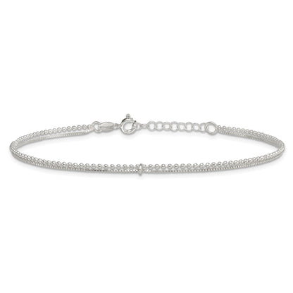 Sterling Silver Polished Beaded 2 Strand 9in Plus 1in Ext Anklet