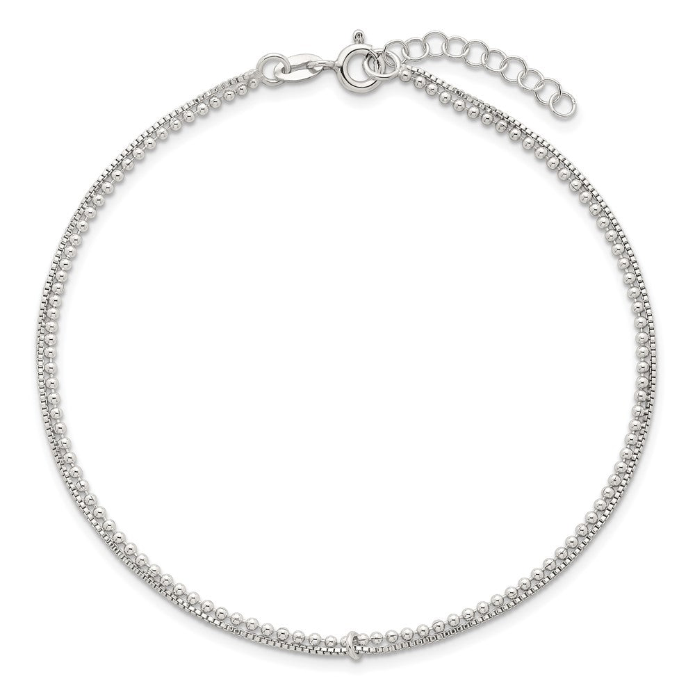 Sterling Silver Polished Beaded 2 Strand 9in Plus 1in Ext Anklet