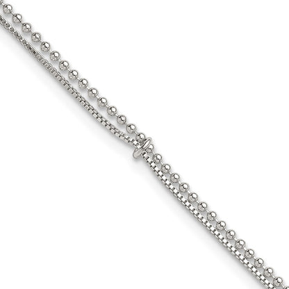 Sterling Silver Polished Beaded 2 Strand 9in Plus 1in Ext Anklet