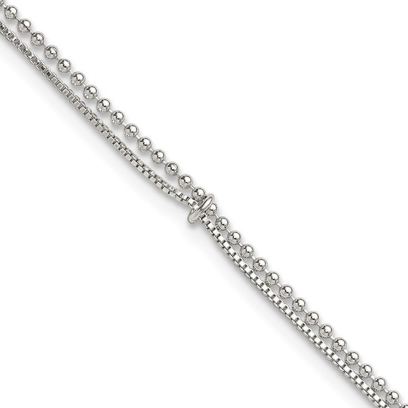 Sterling Silver Polished Beaded 2 Strand 9in Plus 1in Ext Anklet