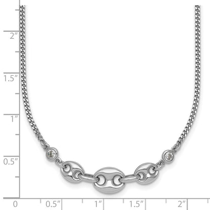 Sterling Silver Rhodium Plated CZ Puffed Mariner 16in W/ 2in Ext Necklace