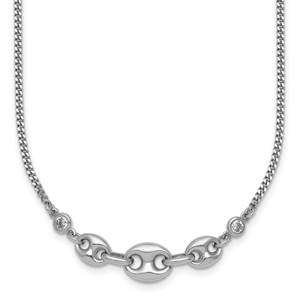 Sterling Silver Rhodium Plated CZ Puffed Mariner 16in W/ 2in Ext Necklace