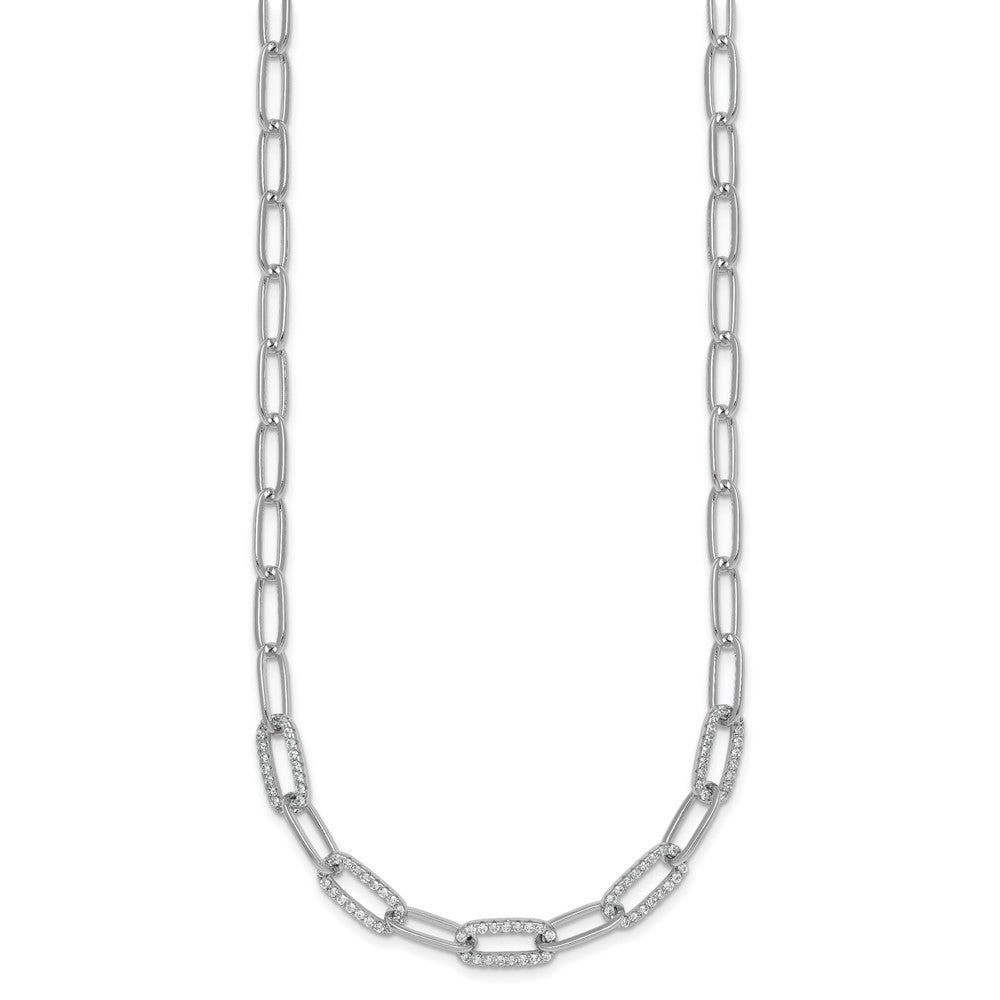 Sterling Silver Rhodium Plated Polished Fancy CZ Paperclip Chain 18in Necklace