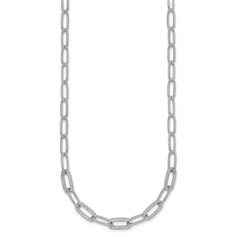 Sterling Silver Rhodium Plated Polished Fancy CZ Paperclip Chain 18in Necklace