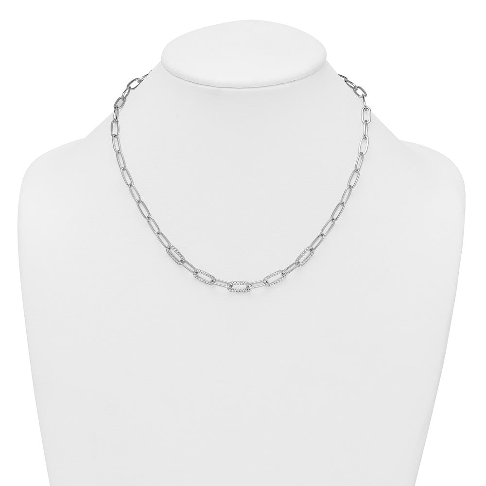 Sterling Silver Rhodium Plated Polished Fancy CZ Paperclip Chain 18in Necklace