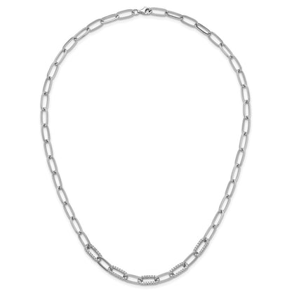 Sterling Silver Rhodium Plated Polished Fancy CZ Paperclip Chain 18in Necklace