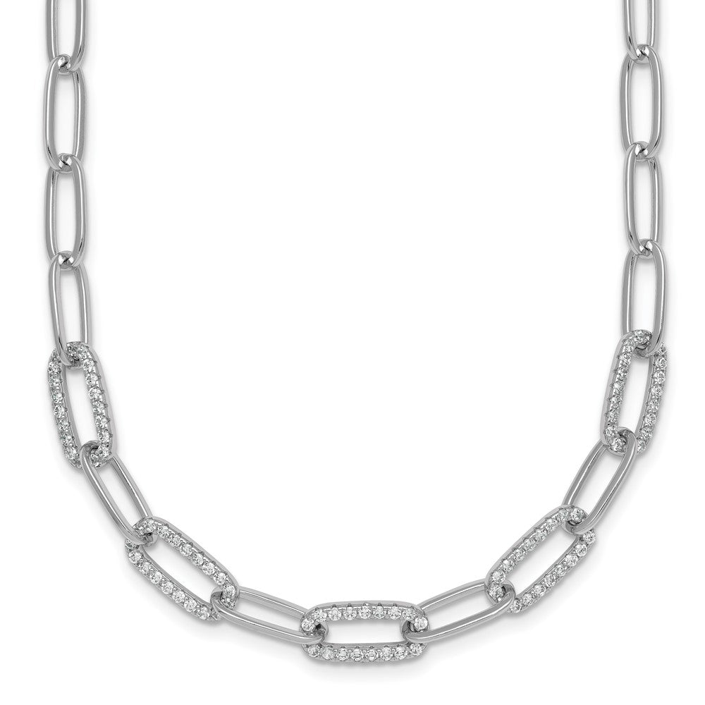 Sterling Silver Rhodium Plated Polished Fancy CZ Paperclip Chain 18in Necklace