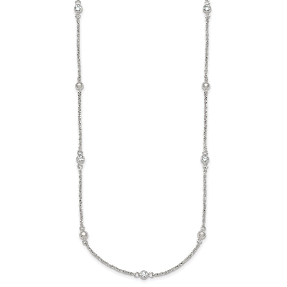 Sterling Silver Polished and Beaded CZ 16.75in w/.5in Ext Necklace