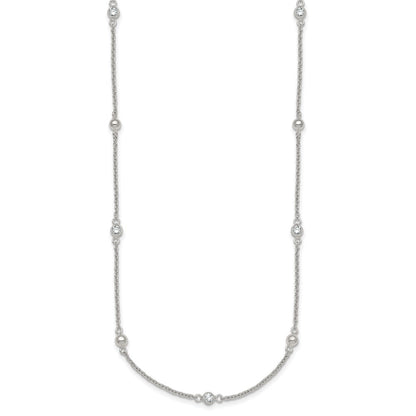 Sterling Silver Polished and Beaded CZ 16.75in w/.5in Ext Necklace