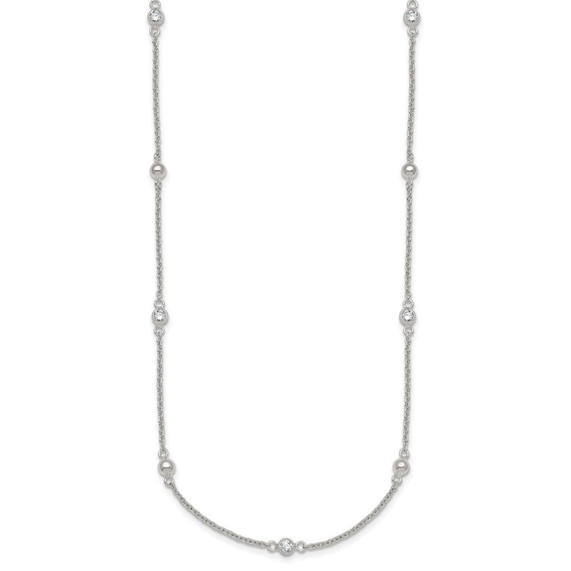 Sterling Silver Polished and Beaded CZ 16.75in w/.5in Ext Necklace