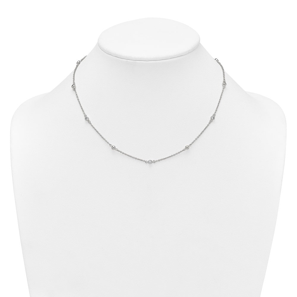 Sterling Silver Polished and Beaded CZ 16.75in w/.5in Ext Necklace