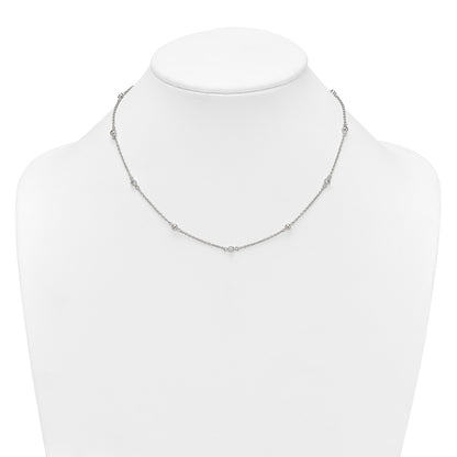 Sterling Silver Polished and Beaded CZ 16.75in w/.5in Ext Necklace