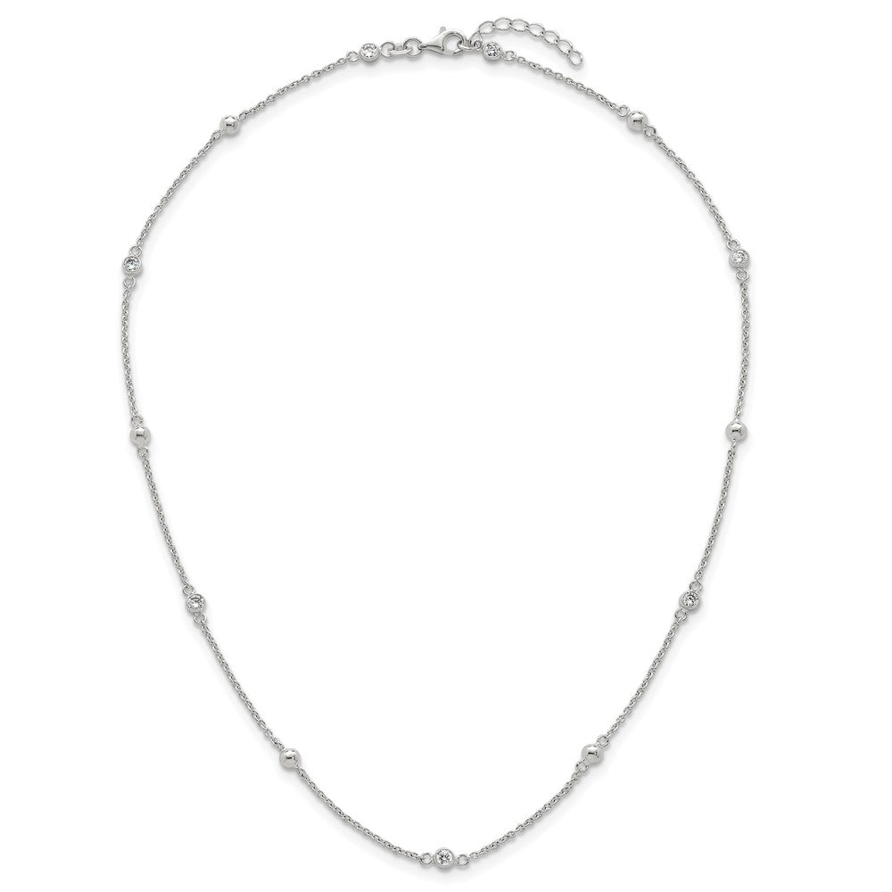 Sterling Silver Polished and Beaded CZ 16.75in w/.5in Ext Necklace