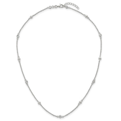 Sterling Silver Polished and Beaded CZ 16.75in w/.5in Ext Necklace