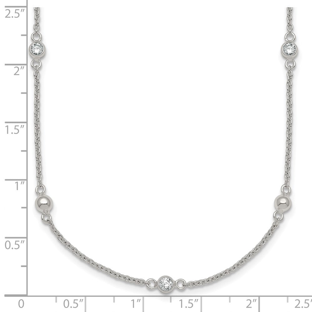 Sterling Silver Polished and Beaded CZ 16.75in w/.5in Ext Necklace