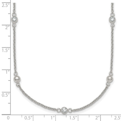 Sterling Silver Polished and Beaded CZ 16.75in w/.5in Ext Necklace